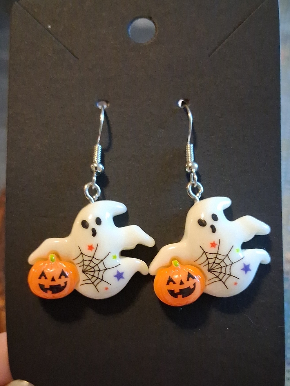 Halloween Ghost and Pumpkin Dangle Earrings - White & Orange